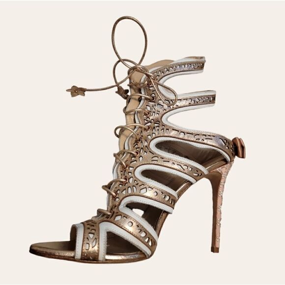 ANGELEI Cut-Out Lace Up Leather Heels - Picture 1 of 7